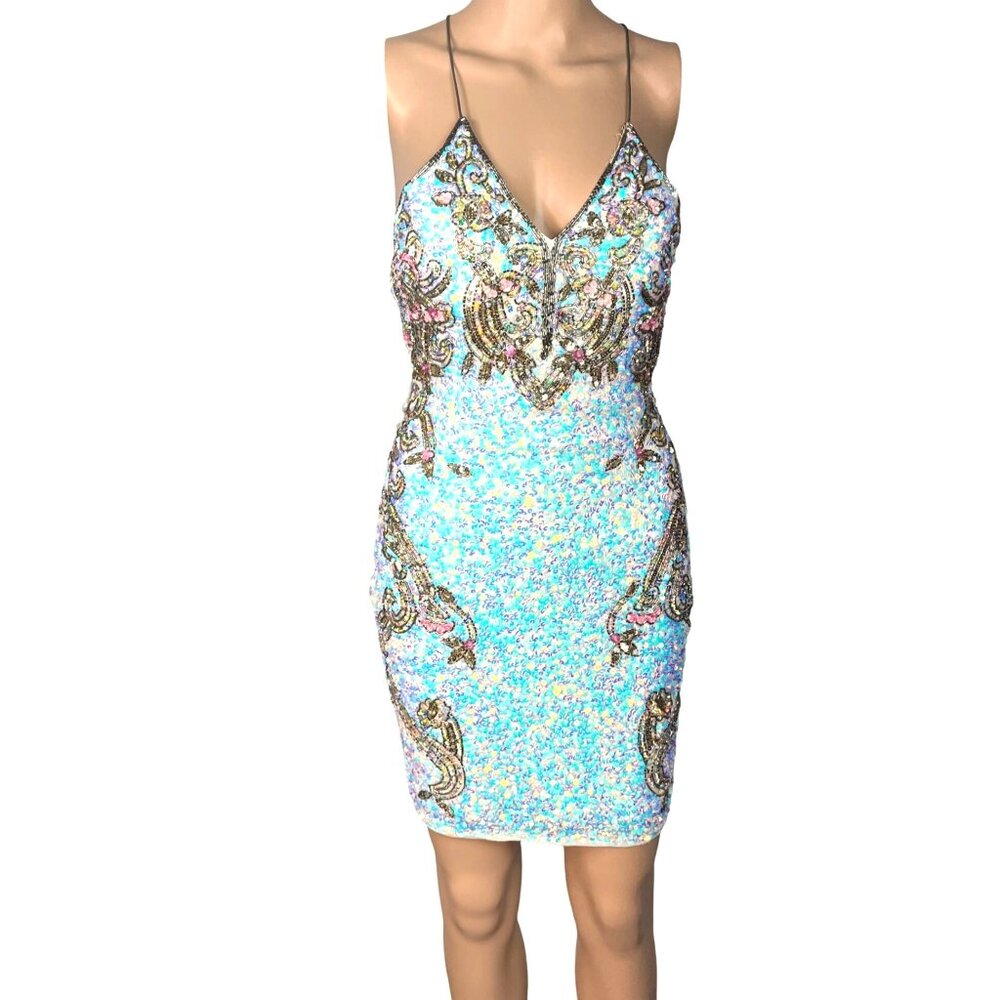 Primavera Couture White Backless Mini Dress w Iridescent Sequins Size 2 Bodycon - Picture 3 of 8